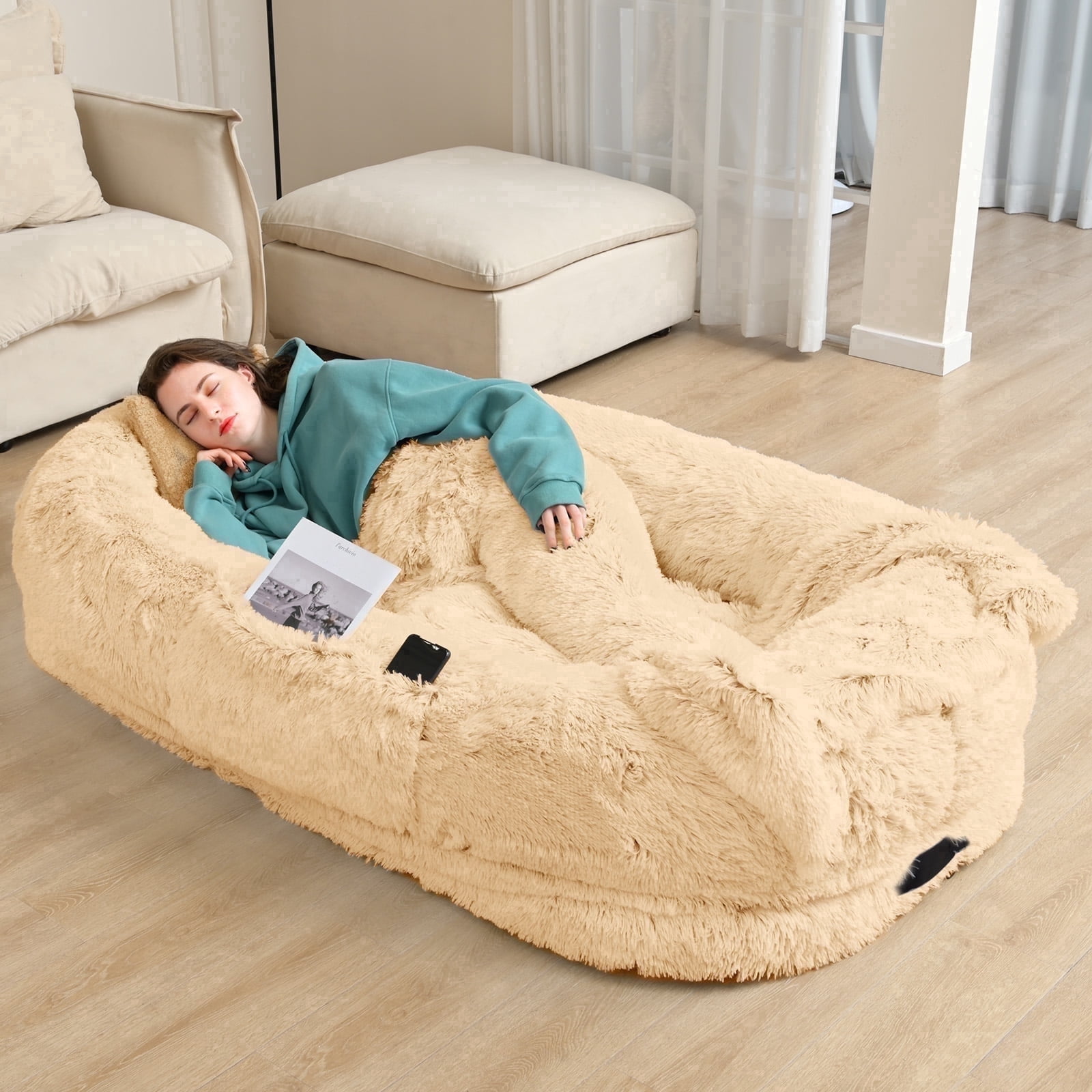 Dokdogs Oversized Human Dog Bed for Adults & Pets, 70"x44"x11" Washable Faux Fur Lounger with Orthopedic Support, Plush Pillow & Blanket Included - Beige