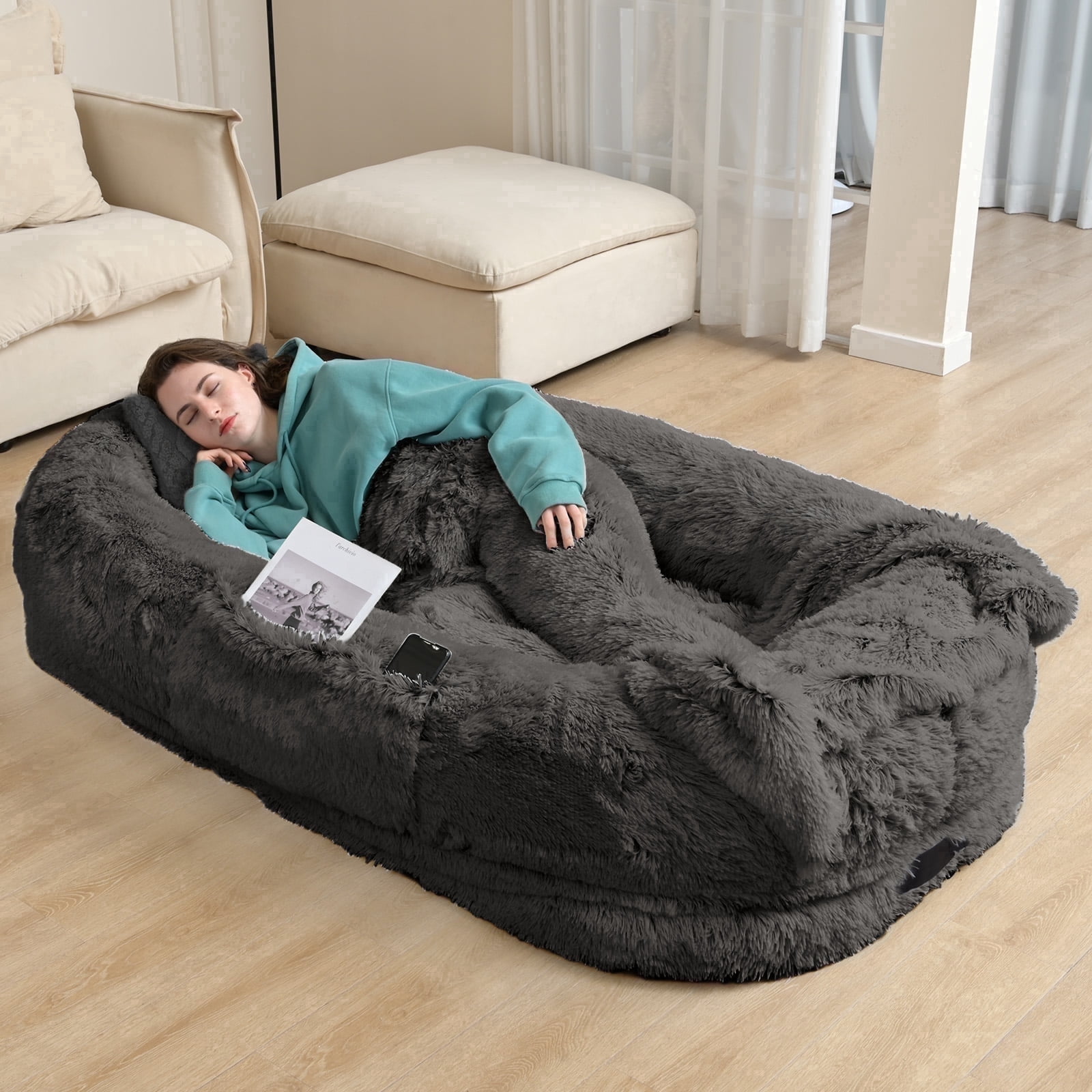 Dokdogs Human Dog Bed for Adults & Pets, 70"x44"x11" Oversized Faux Fur Lounger Bed with Washable Cover, Orthopedic Cushion, Pillow & Blanket, Dark Gray