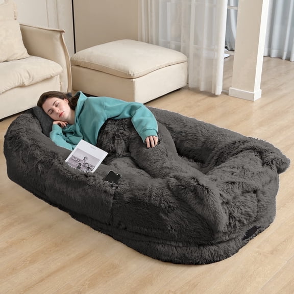 Dokdogs Human Dog Bed for Adults & Pets, 70"x44"x11" Oversized Faux Fur Lounger Bed with Washable Cover, Orthopedic Cushion, Pillow & Blanket, Dark Gray