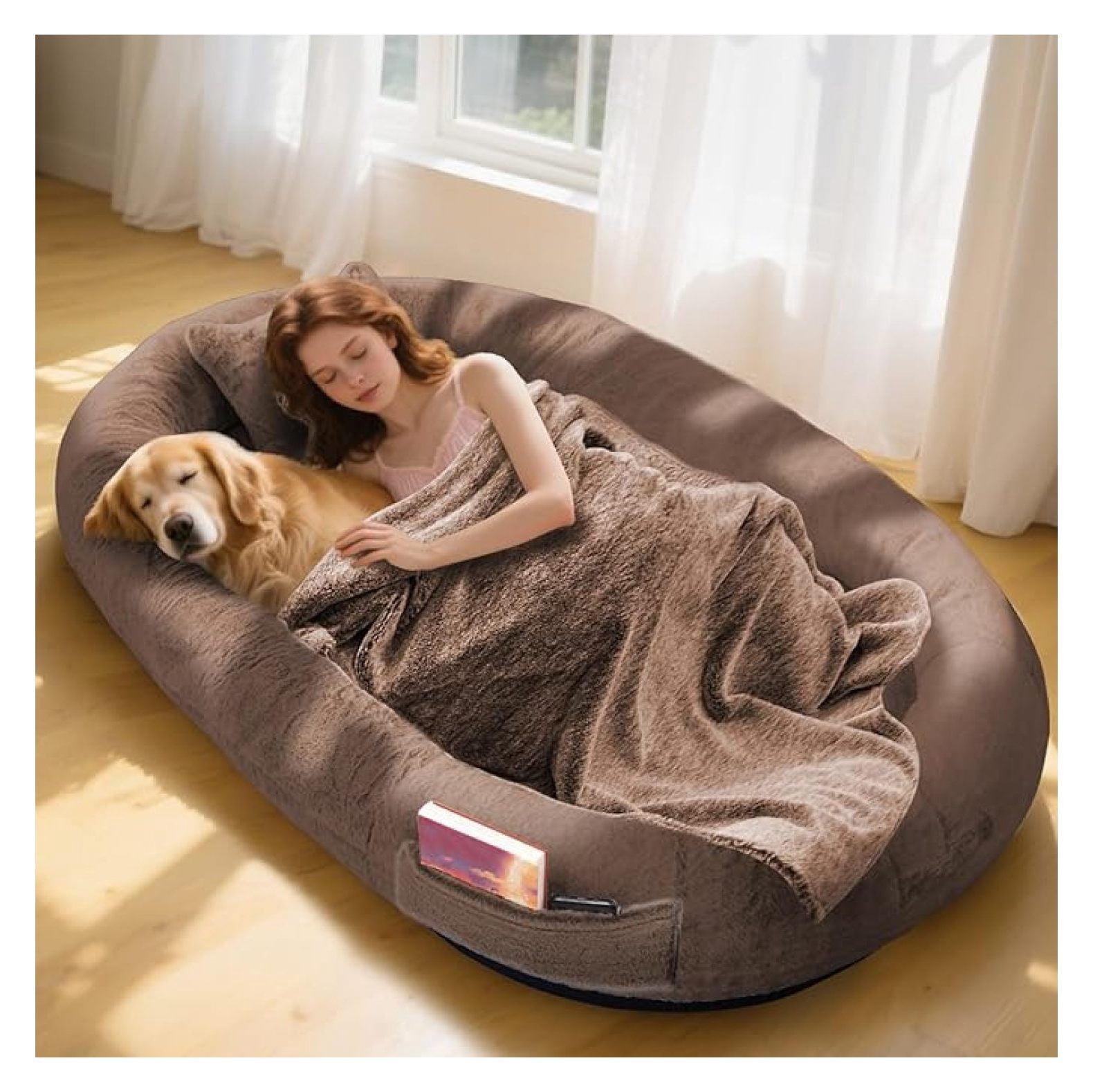 Human Dog Bed,71"x45"x14" Human Size Giant Dog Bed for Adults and Pets,Washable Faux Fur Cover Napping Orthopedic Bean Bag Bed for Humans with Blanket and Pillow,Coffee