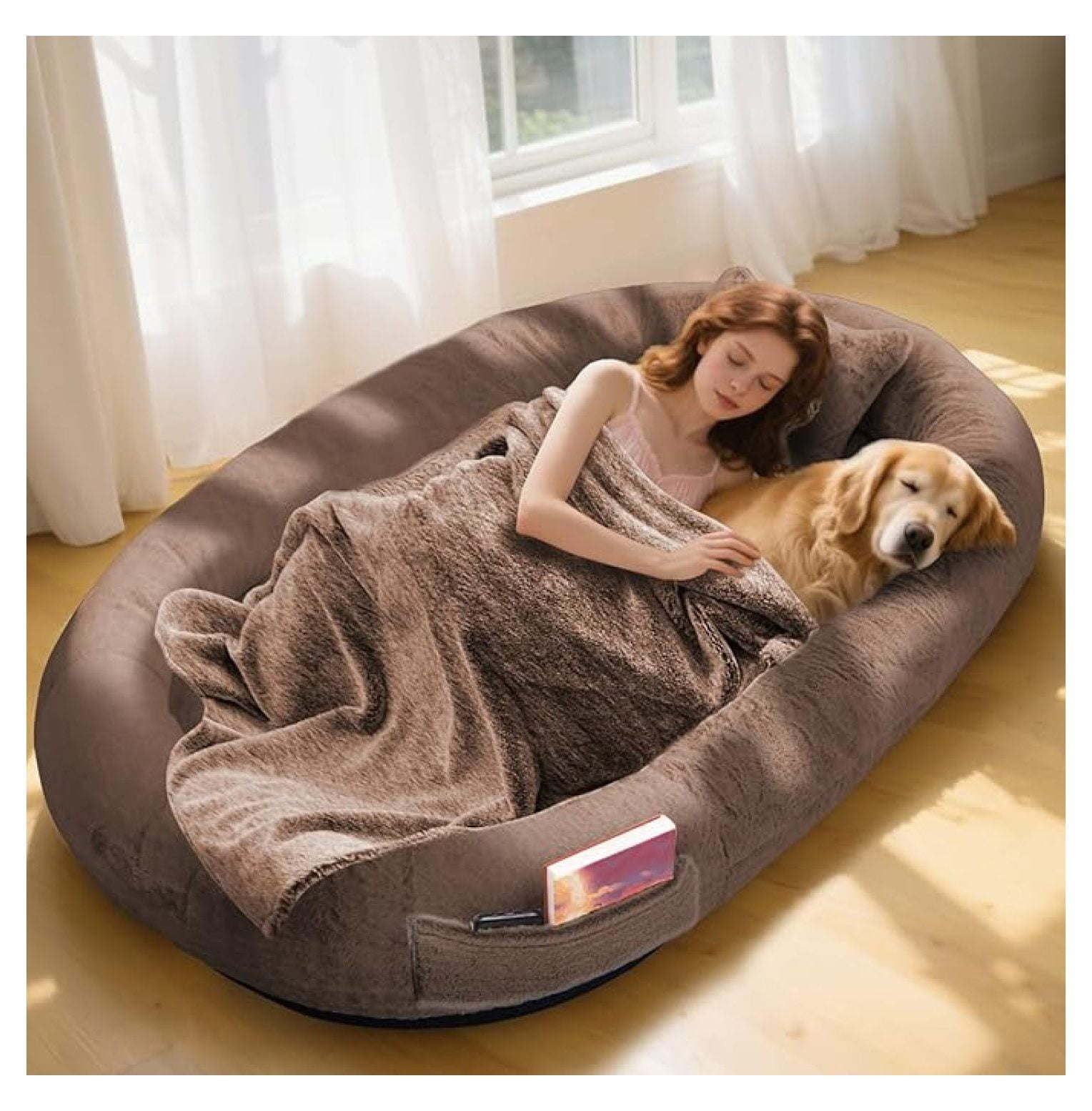 Human Dog Bed,71"x45"x14" Human Size Giant Dog Bed for Adults and Pets,Washable Faux Fur Cover Napping Orthopedic Bean Bag Bed for Humans with Blanket and Pillow,Coffee