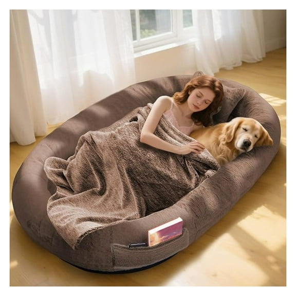 Human Dog Bed,71"x45"x14" Human Size Giant Dog Bed for Adults and Pets,Washable Faux Fur Cover Napping Orthopedic Bean Bag Bed for Humans with Blanket and Pillow,Coffee