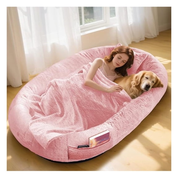 Human Dog Bed,71"x45"x14" Human Size Giant Dog Bed for Adults and Pets,Washable Faux Fur Cover Napping Orthopedic Bean Bag Bed for Humans with Blanket and Pillow,Pink