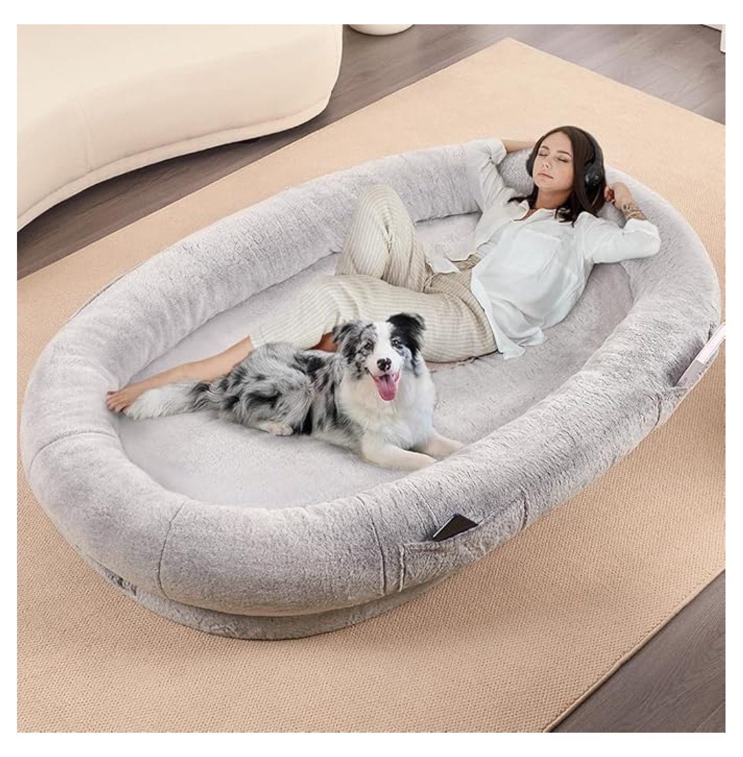Human Dog Bed for Adult, Giant Extra Large Memory Foam Human Size Pet Bed for People, Fluffy Plush Dog Bed for Human with Storage Pocket Washable Cover Portable Handle Non-Slip Bottom