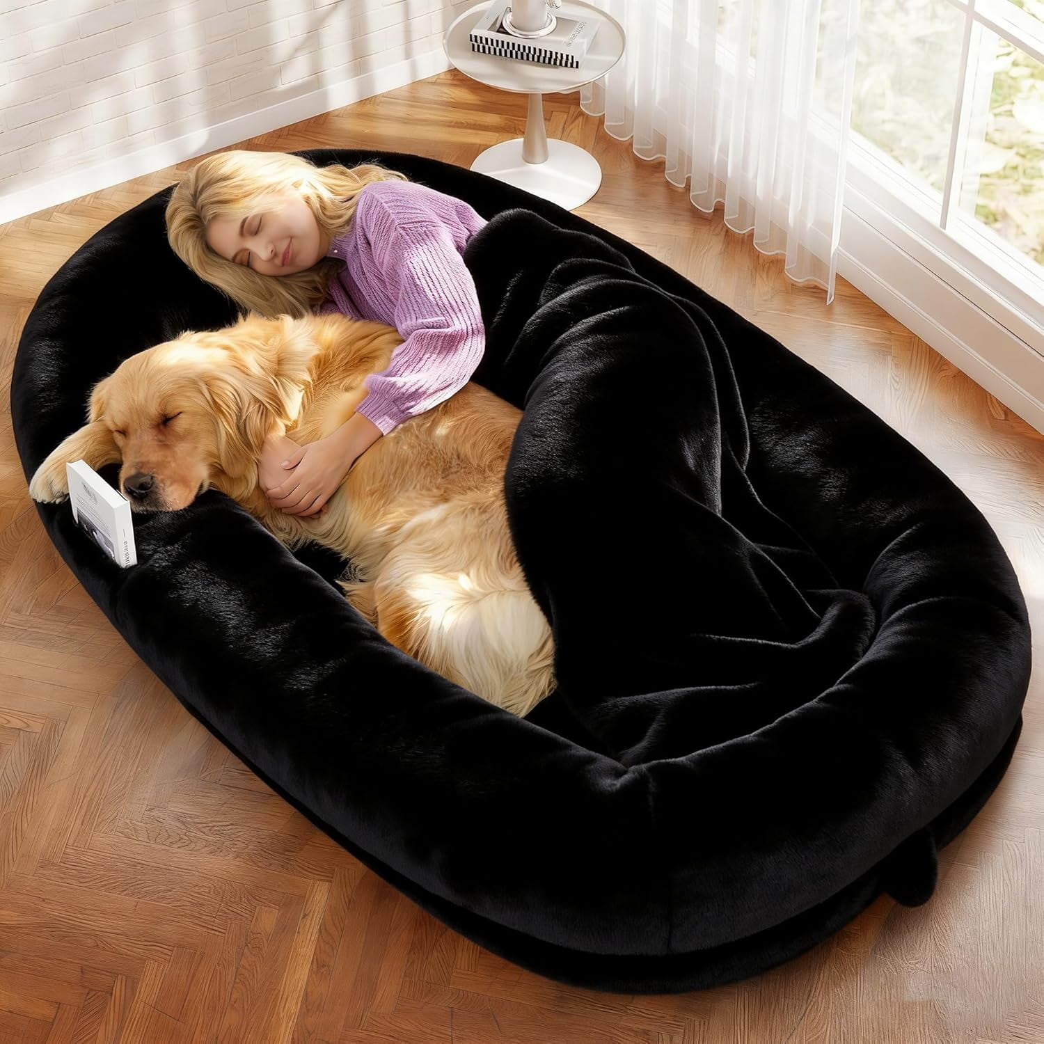 Human Dog Bed for Adults, 71"x43"x10" Human Size Dog Bed, Orthopedic, Waterproof Removable Washable Cover, Soft Calming Lounger for People & Pets, Black