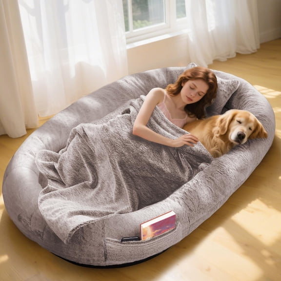 Human Dog Bed for Adults and Pets,71"x45"x14" Human Size Dog Bed for People,Washable Faux Fur Cover,Orthopedic Dogs Bean Bag with Blanket and Pillow,Camel