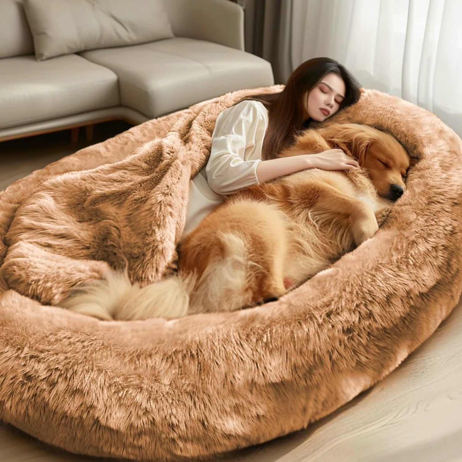 Human Dog Bed Dog Bed for Humans Giant Dog Bed with Washable Fluffy Faux Fur Cover 72X48X11 Human Size Dog Bed with Soft Blanket Large Dog Bean Bag Bed for Families Light
