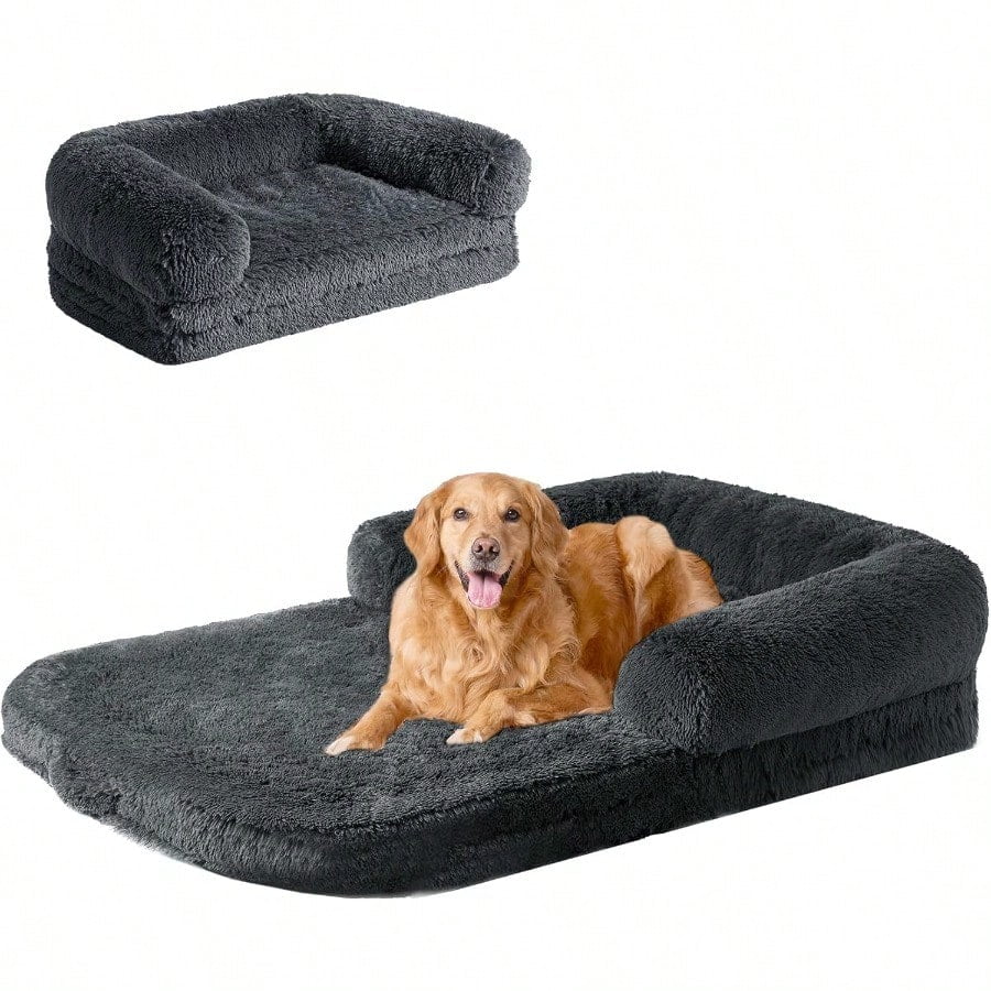 Human Dog Bed For Foldable XXL Dog Bed Faux Fur Fluffy Pet Couch Bed Orthopedic Calming Memory Foam Big Pet Bed Washable Pet Sofa Bed With NonSlip Bottom Dark Grey 54x38x7.5
