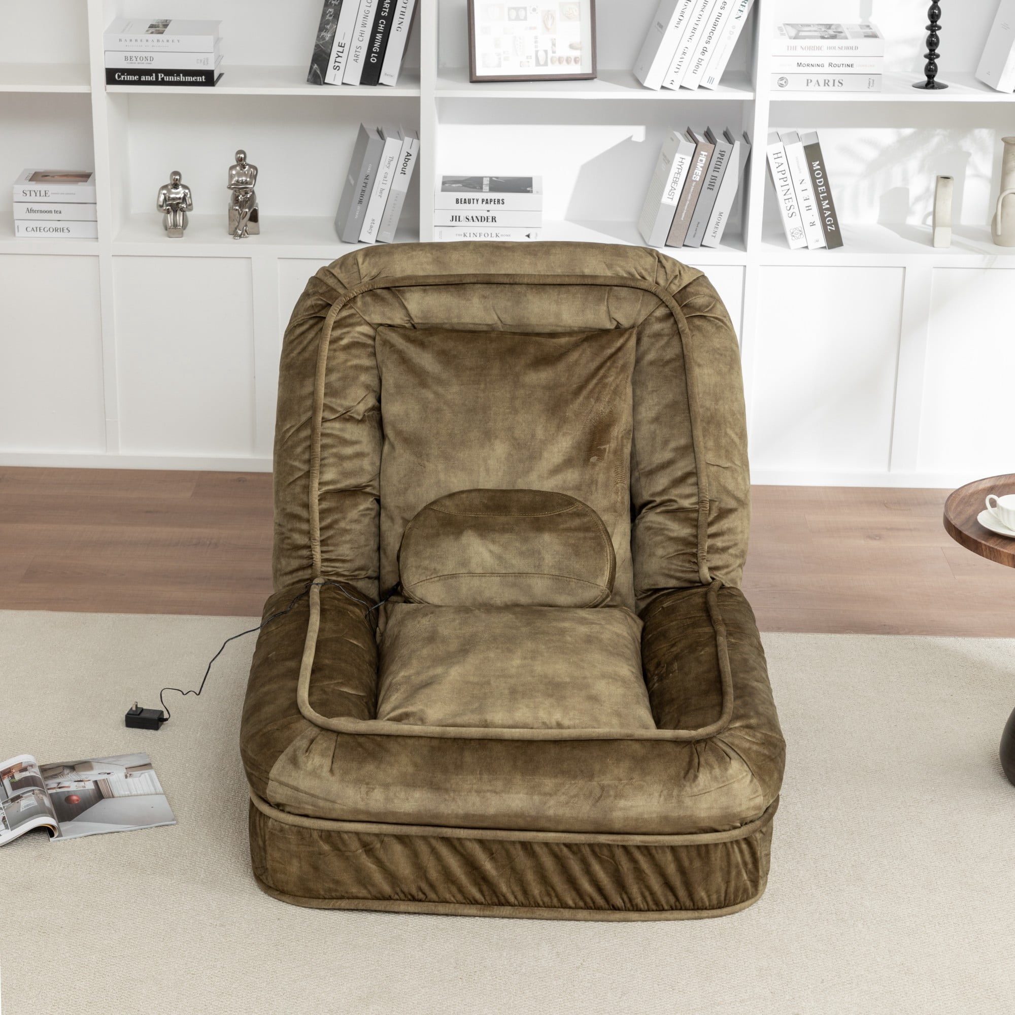 LEHZROAJ Velvet Upholstered Bean Bag Chairs,5-Position Adjustable 2 Soft Pillows Massage Floor Sofa,Multi-Functional  Human Dog Bed for Living Room(Green)