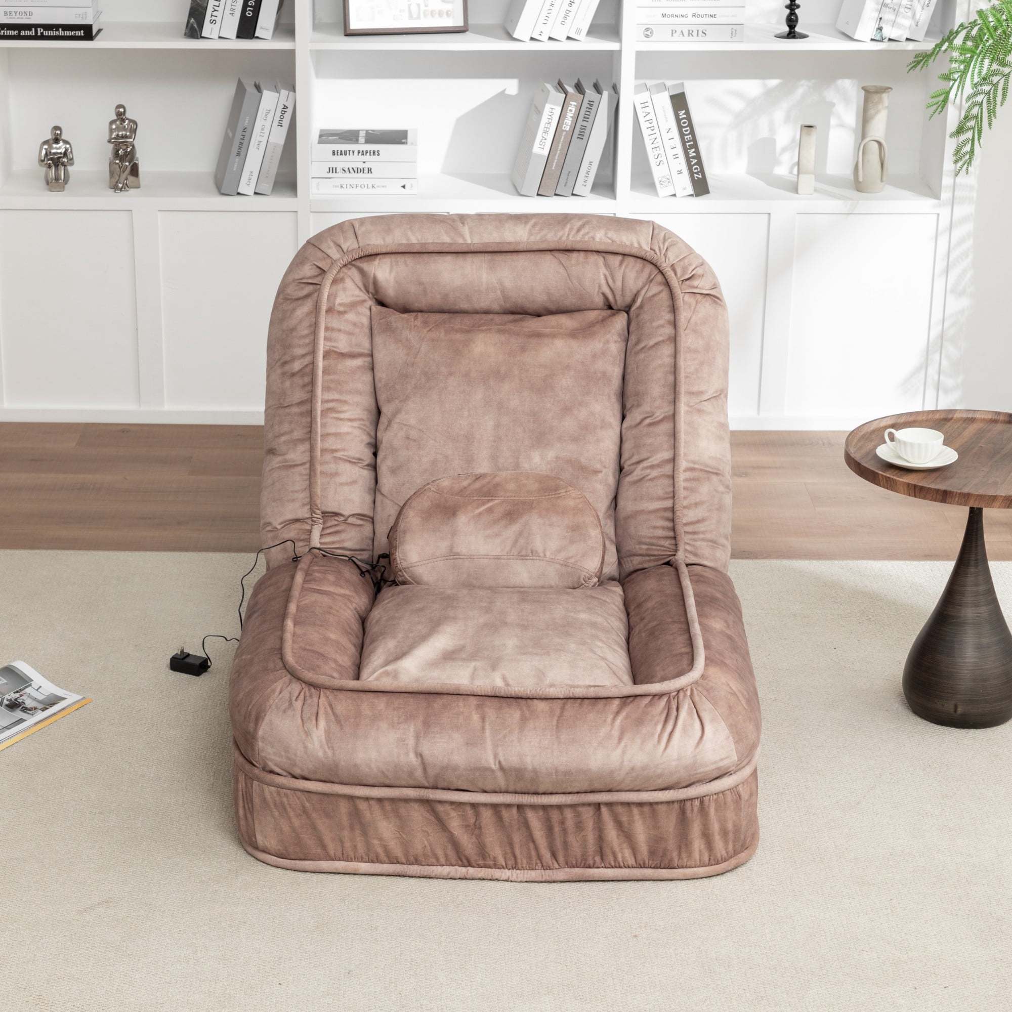LEHZROAJ Velvet Upholstered Bean Bag Chairs,5-Position Adjustable 2 Soft Pillows Massage Floor Sofa,Multi-Functional  Human Dog Bed for Living Room(Brown)