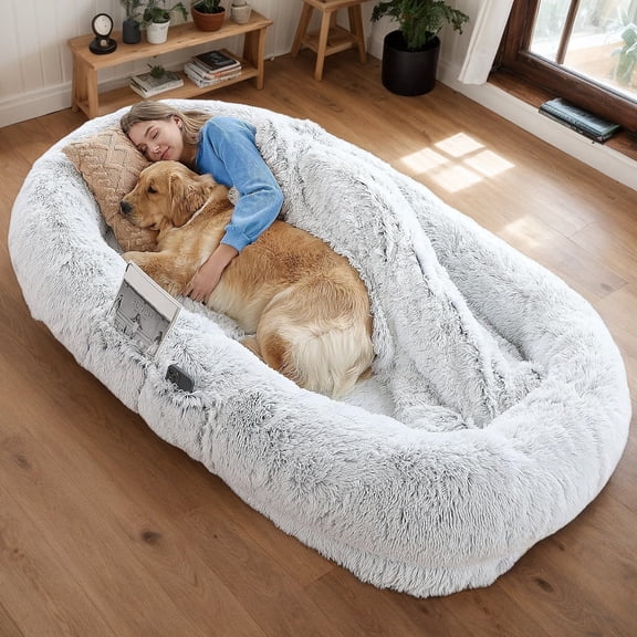 Human Dog Bed for People, Washable Faux Fur Large Nap Bed, Orthopedic Cozy Sleeping Bed for Adults & Pets, 71"x45"x14" Giant Bean Bag Style Bed for Living Room, Grey (Blankets & Pillows Not Included)