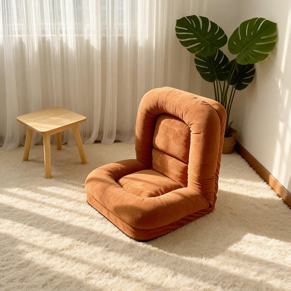 Human Dog Bed, Terry Fleece Floor Chair with Back Support, Burnt Orange | Folding Lounge Chair with 18 Adjustable Recliner, Legless Lazy Floor Sofa for Small Spaces, Living Room, Meditation, Balcony
