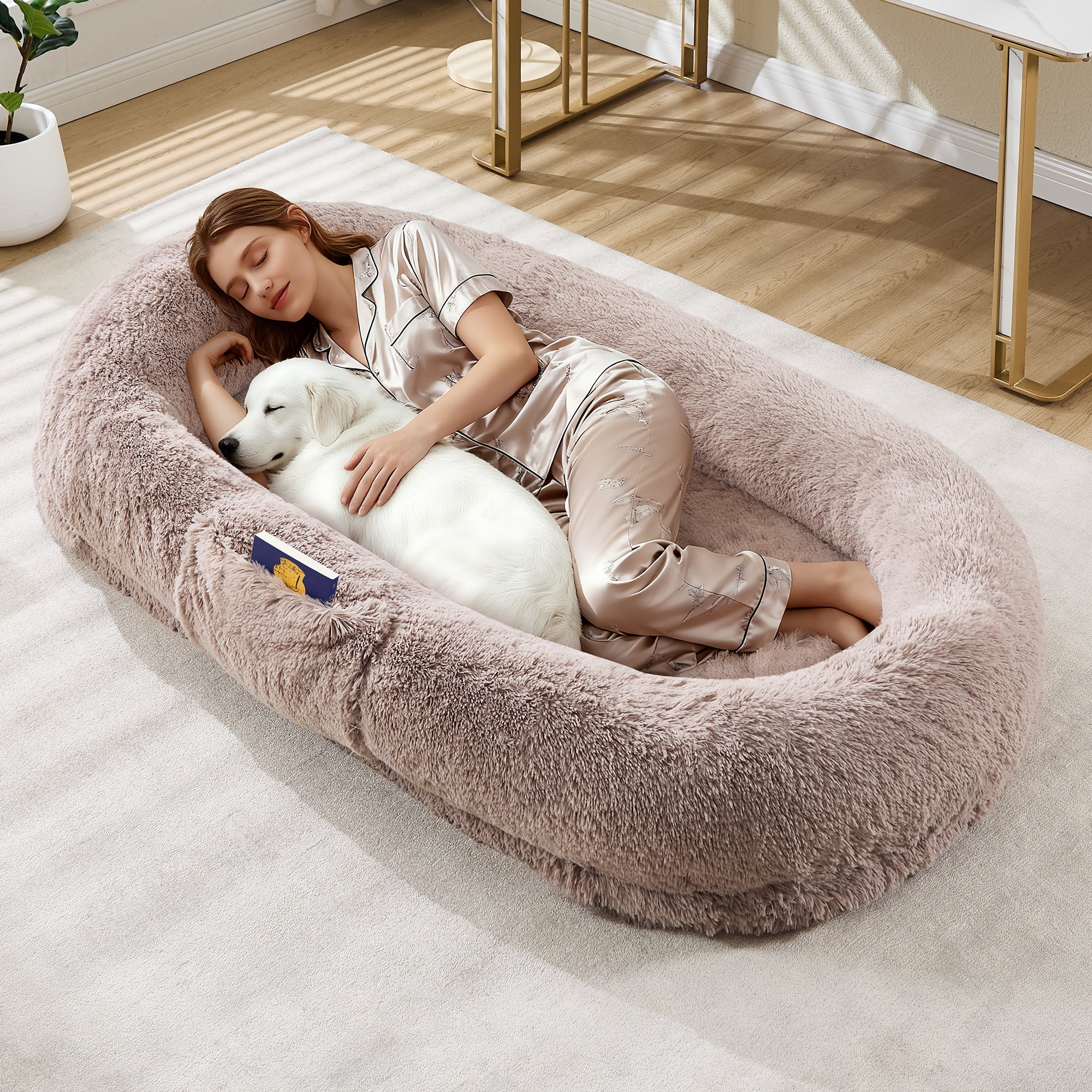 Human Dog Bed for Adult and Pets, Washable Fluffy Faux Fur, Napping Orthopedic Dog Bed with Plump Pillow, Side Pocket, Strap