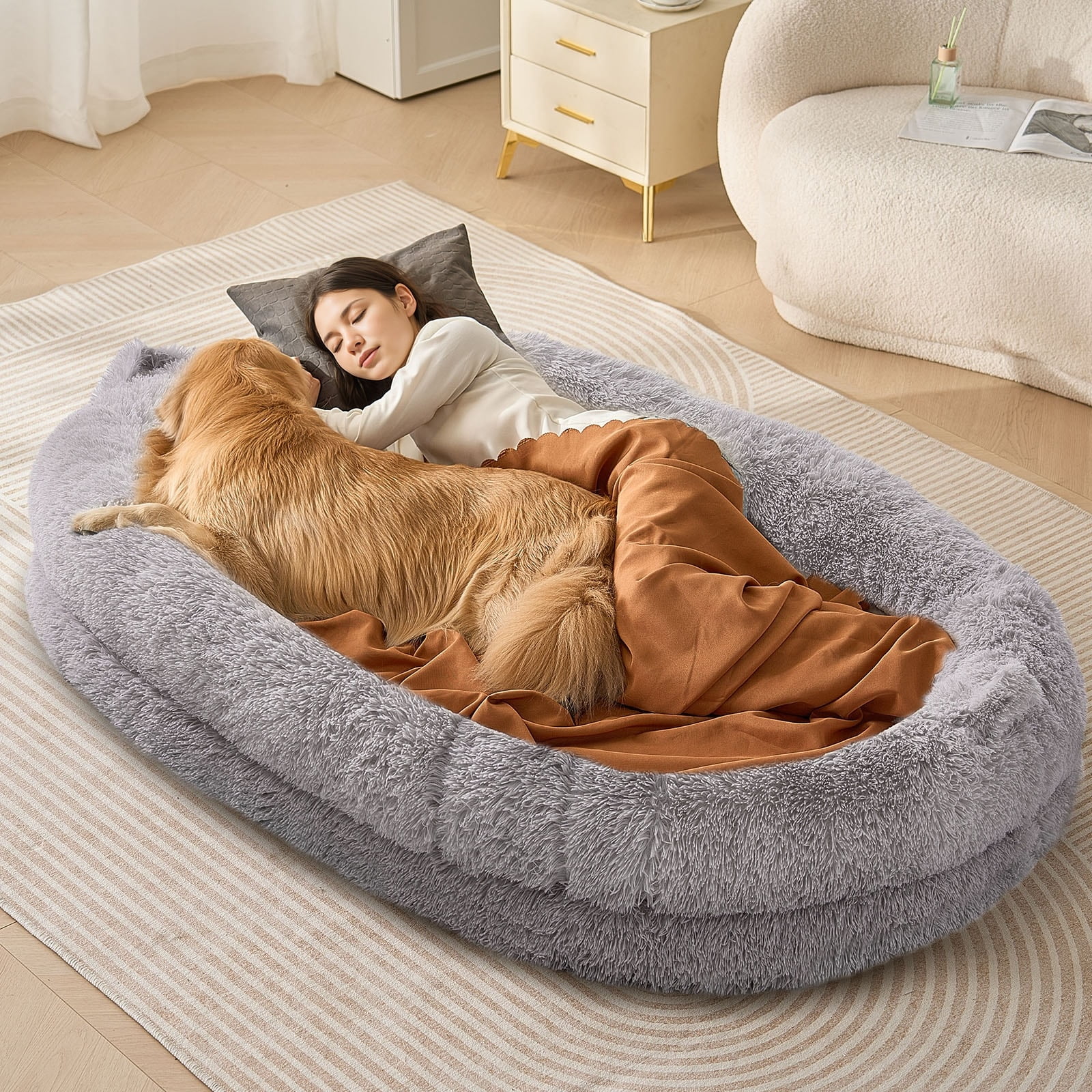 Light Grey Plush Human Dog Bed with Egg Crate Foam