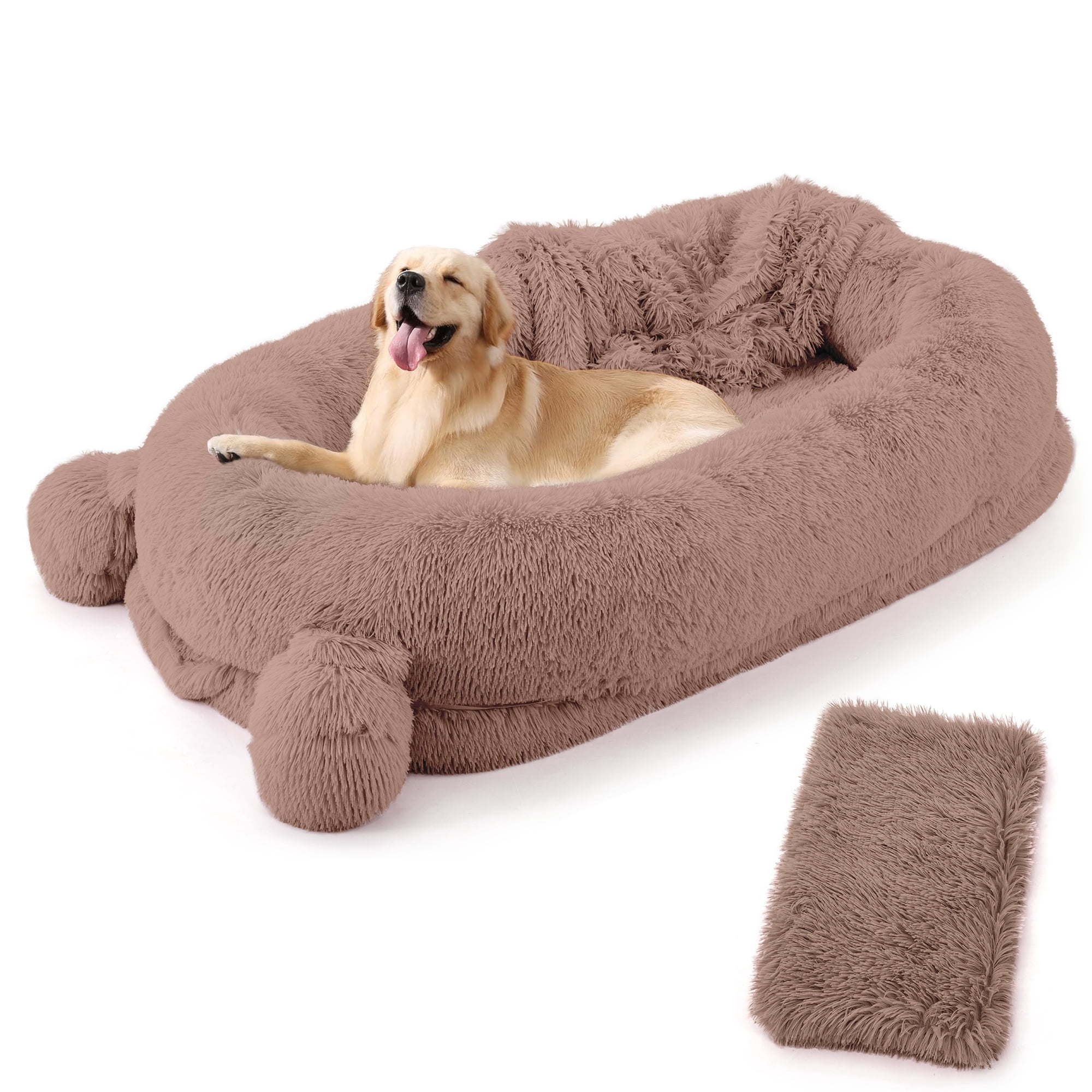 Human Dog Bed for Adults, Human Size Dog Bed Fits You and Pets, Washable Faux Fur Napping Orthopedic Dog Bed with Blanket & 2 Side Pockets, Khaki