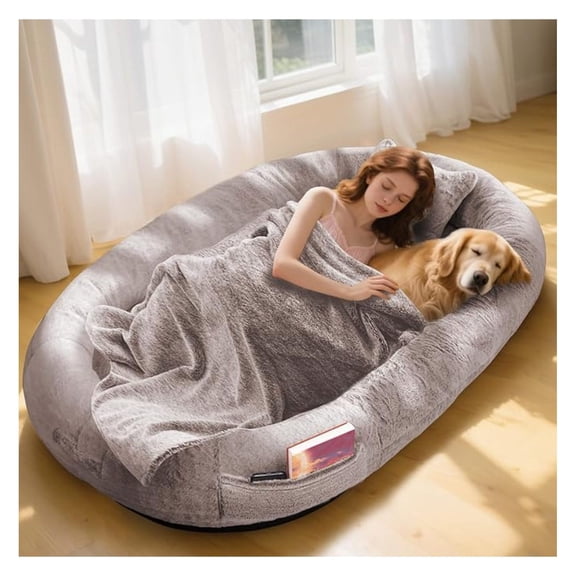 Human Dog Bed for Adults and Pets,71"x45"x14" Human Size Dog Bed for People,Washable Faux Fur Cover,Orthopedic Dogs Bean Bag with Blanket and Pillow,