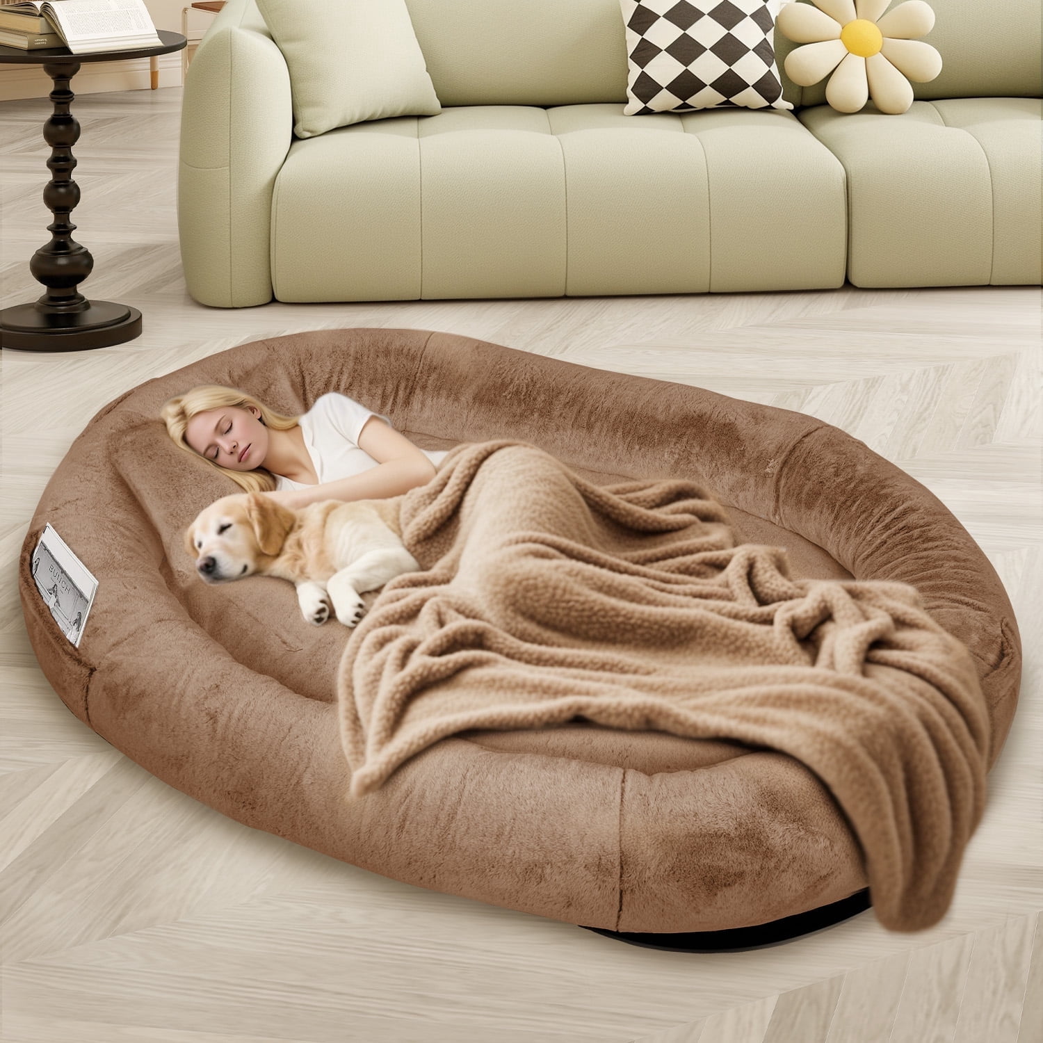 Human Dog Bed for Pets and Adults, 71"x45"x14" Human Size Giant Dog Pets Bed, Washable Faux Fur Cover for Humans with Blanket and Pillow,Dark Brown