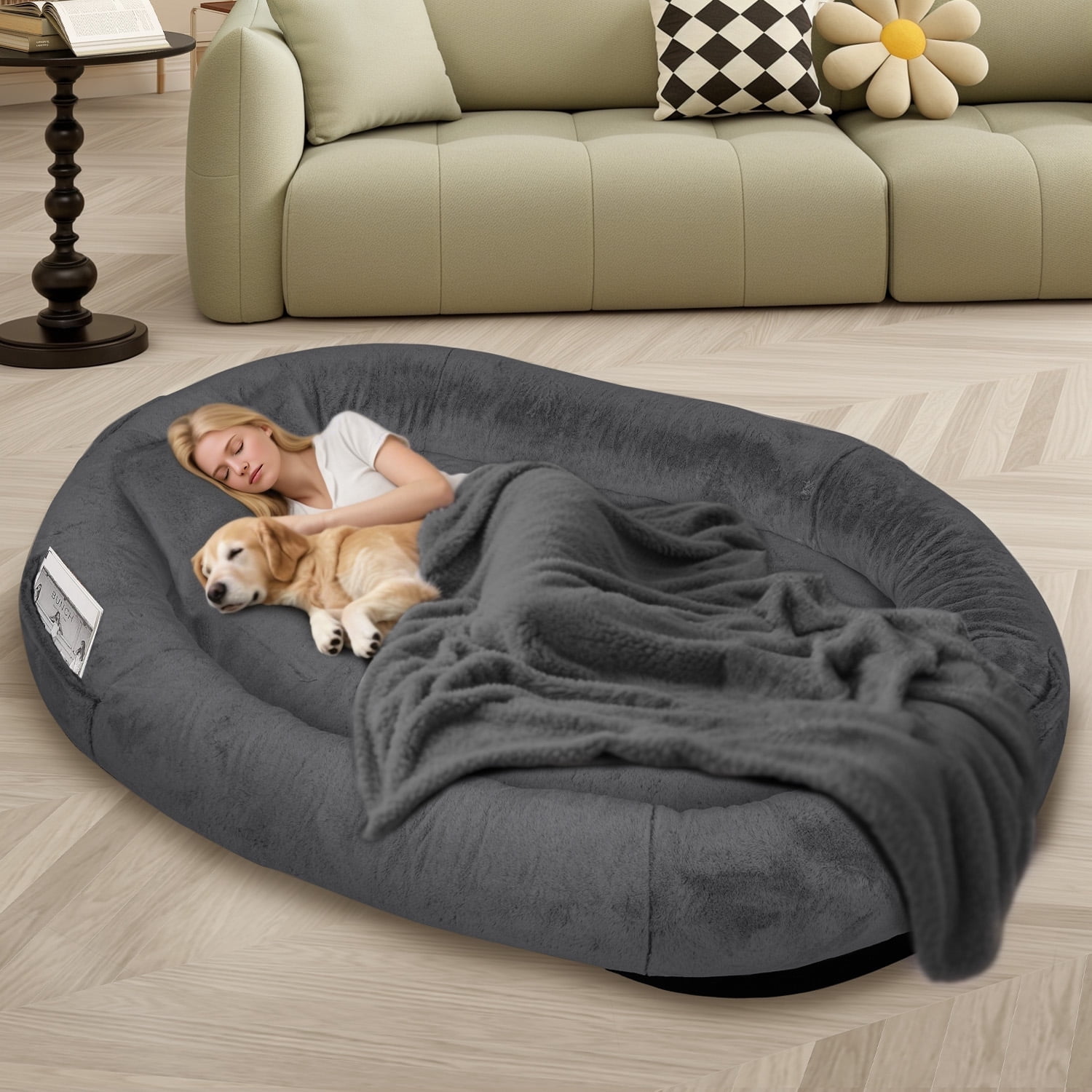Human Dog Bed for Pets and Adults, 71"x45"x14" Human Size Giant Dog Pets Bed, Washable Faux Fur Cover for Humans with Blanket and Pillow,Dark Grey