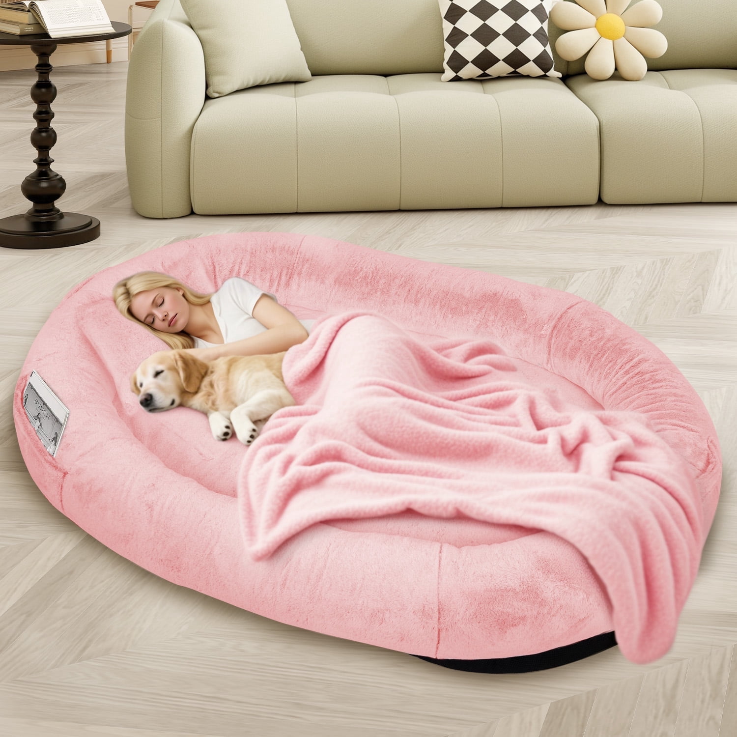 Human Dog Bed for Pets and Adults, 71"x45"x14" Human Size Giant Dog Pets Bed, Washable Faux Fur Cover for Humans with Blanket and Pillow,Pink