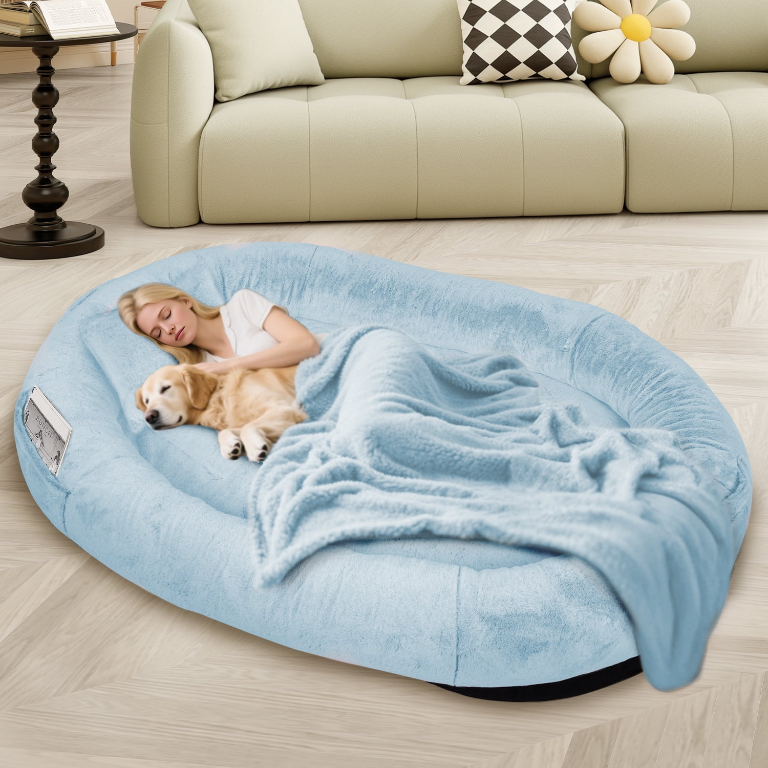 Human Dog Bed for Pets and Adults, 71"x45"x14" Human Size Giant Dog Pets Bed, Washable Faux Fur Cover for Humans with Blanket and Pillow,blue