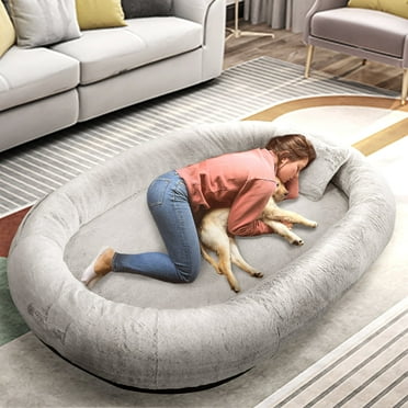 Human Dog Bed for Pets and Adults, 71"x45"x14", Washable Faux Fur Cover with Blanket and Pillow, Extra Large Human Size Beanbag Bed, Grey