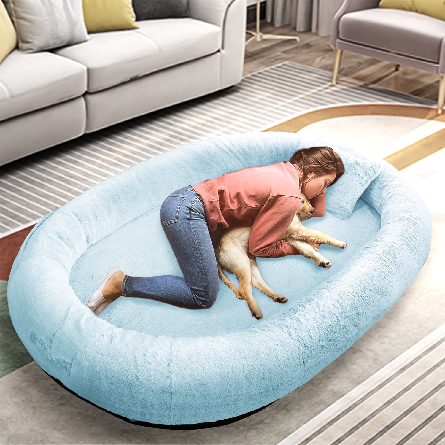 Human Dog Bed for Pets and Adults, 71"x45"x14", Washable Faux Fur Cover with Blanket and Pillow, Extra Large Human Size Beanbag Bed,Blue