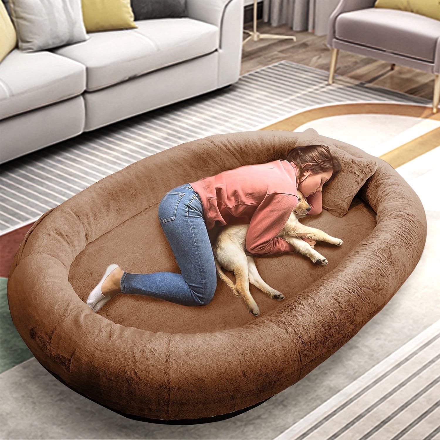 Human Dog Bed for Pets and Adults, 71"x45"x14", Washable Faux Fur Cover with Blanket and Pillow, Extra Large Human Size Beanbag Bed,Dark Brown