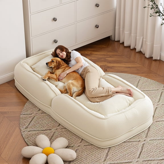 Human Dog Bed with 5 Adjustable Positions, 2 in 1 Folding Lazy Sofa Bed, Corduroy Orthopedic Big Bean Bed for Living Room, Beige