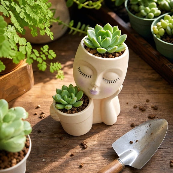 Human Face Planter Pot, Resin Succulent Cactus Container, Creative Face Vase for Indoor Tabletop Balcony Greenery Display Home Decor, White