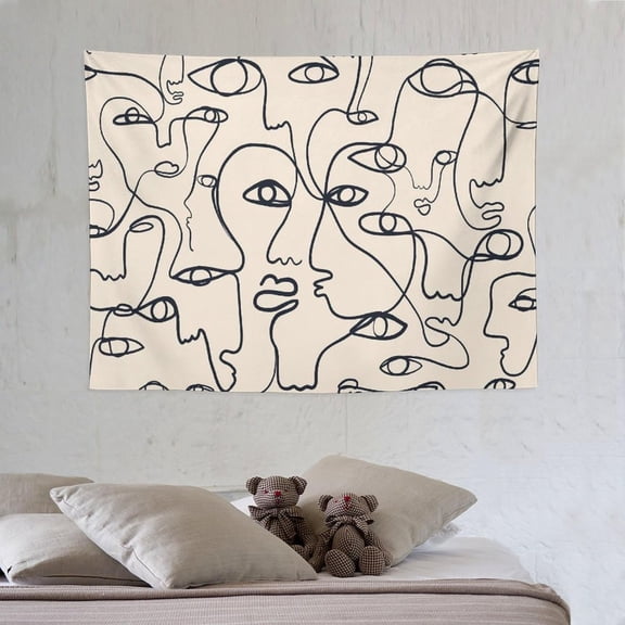 Human Faces Tapestry Wall Hanging Modern Mid Century Minimalist Aesthetic Boho Beige Line Art Fashion Tapestries Home Decor for Living Room Bedroom Apartment Farmhouse Dorm 30"x40"