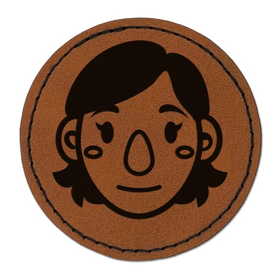 Human Female Character Face 2.5" Faux Leather Round Engraved Iron-On Patch - Brown