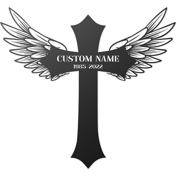 Human Grave Marker Personalized, Metal Memorial Plaques, Cross Remembrance Stake for Outdoors, Loss of Loved One Stake, Temporary Plaques for Cemetery, Cross with Wings