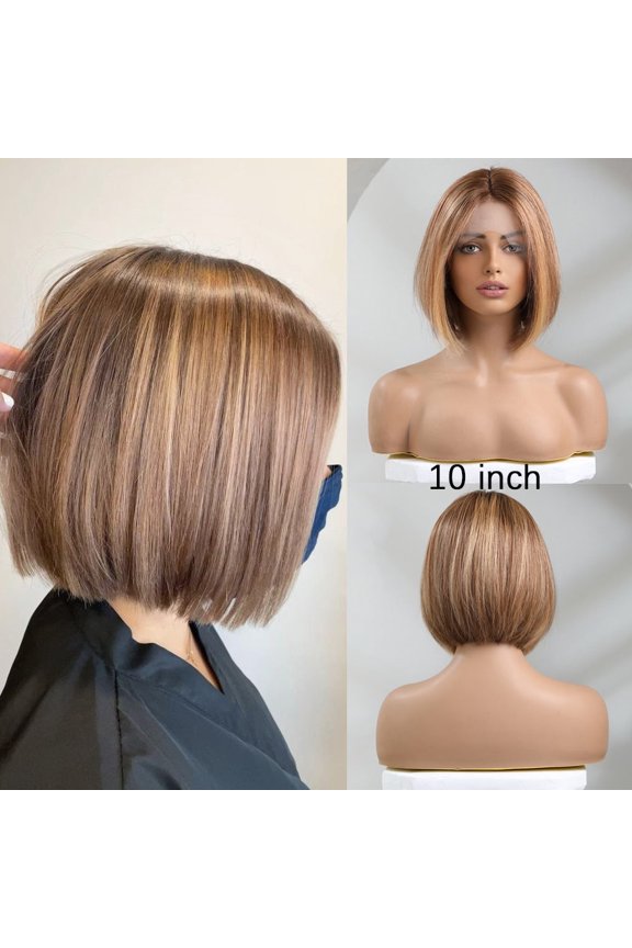 Human Hair 13x1 Lace Front Wig for Women & Girls, Shoulder Length Bob {Straight} with Highlights - Heat Resistant