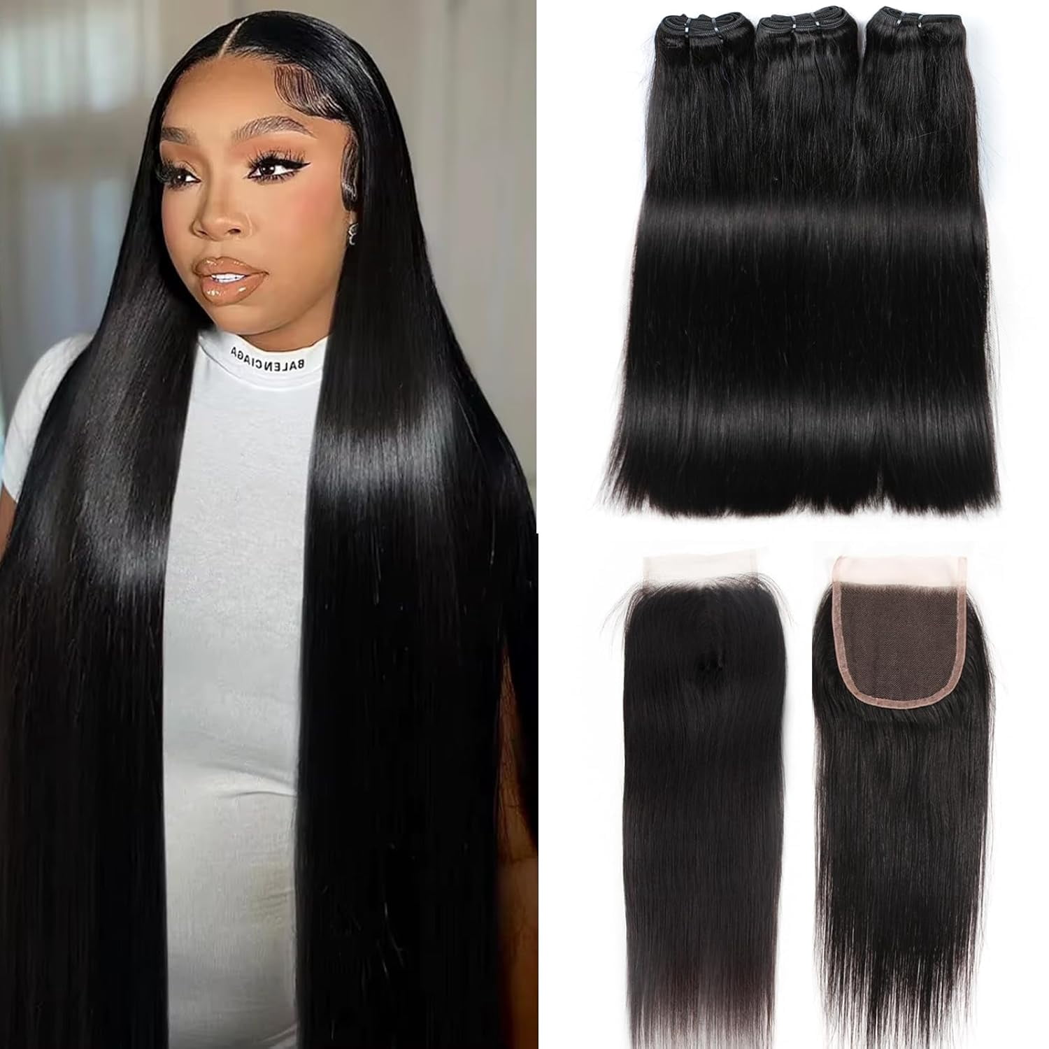 Human Hair 3*Bundles with 4x4 HD Lace Closure Straight10 12 14+10 Inch Brazilian Hair 16A Extensions with Pre Plucked Baby Hair Natural Black Color