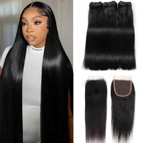 Human Hair 3*Bundles with 4x4 HD Lace Closure Straight20 22 24+18 Inch Brazilian Hair 16A Extensions with Pre Plucked Baby Hair Natural Black Color