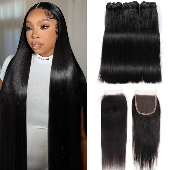 Human Hair 3*Bundles with 4x4 HD Lace Closure Straight22 24 26+20 Inch Brazilian Hair 16A Extensions with Pre Plucked Baby Hair Natural Black Color