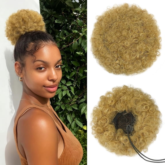 Human Hair Afro Puff Drawstring Ponytail, 27# Honey Blonde, Medium Size