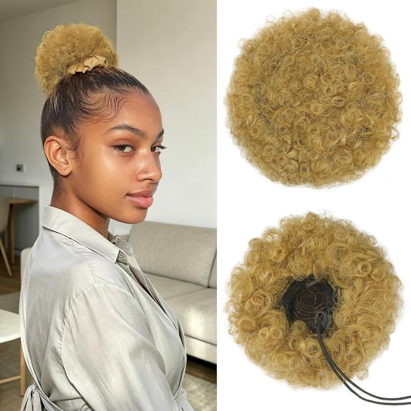 Human Hair Afro Puff Drawstring Ponytail, 27# Honey Blonde, Small Size