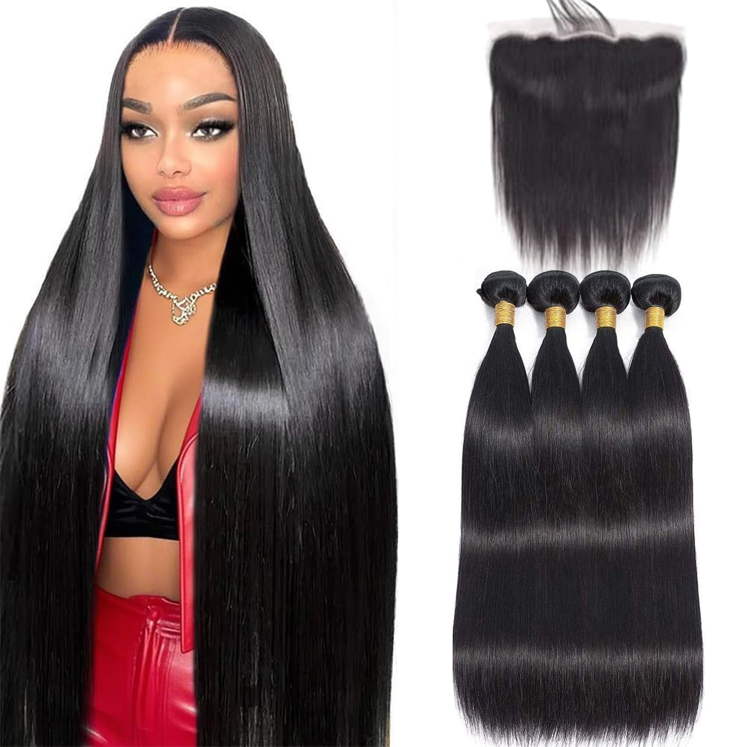 16A Straight Brazilian Virgin Human Hair Bundles with 13x4 HD Lace Frontal Amazon.com : 16A Straight Bundles Human Hair with Closure  main image 2