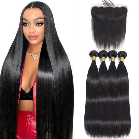 Human Hair Bundles with Frontal Closure (10 12 14 16+10 Inch, Free Part), 4 Bundles Human Hair with 13x4 HD Lace Frontal,16A 100% Virgin Brazilian Straight Hair Extensions Double Weft