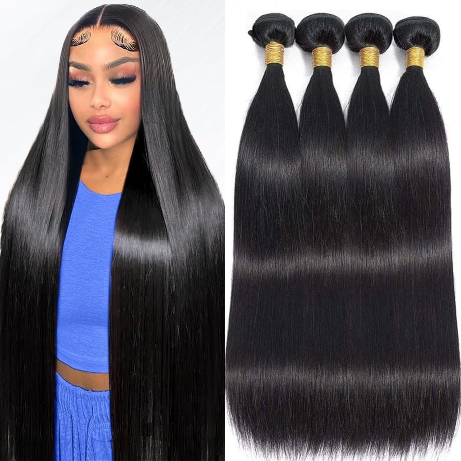 Human Hair Bundles,Straight 4 Bundles 28 28 28 28 Inch,16A Bundles Human Hair,100% Unprocessed Virgin Brazilian Hair Extensions Double Weft, Quick Weave Sew In Hair Bundle