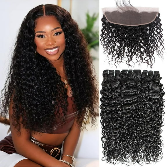 Human Hair Bundles Water Wave Bundles Human Hair With Frontal Closure (28 28 28+20 Inch,Free Part) 12A Burmese Curly 3 Bundle With 13x4 HD Lace Frontal With Baby Hair