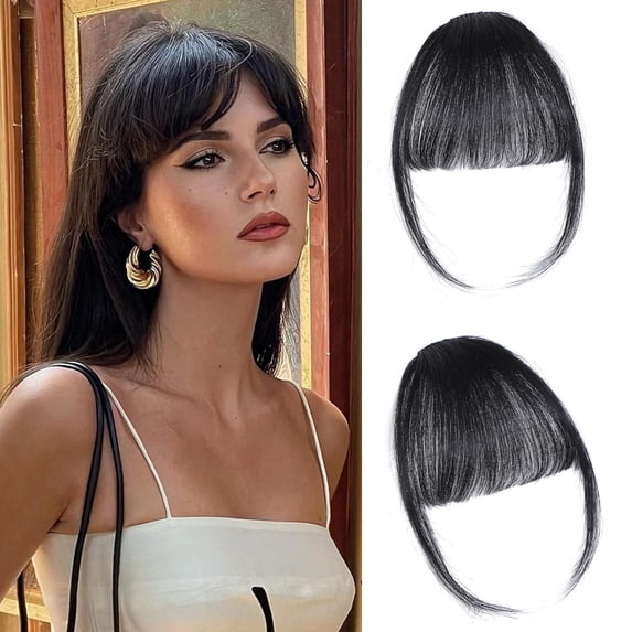 Human Hair Clip In Bangs with Sideburns, Natural Looking Fringe Hair Extensions, Real Hair Clip On Bangs for Women Daily Wear Styling(Black,One Size)