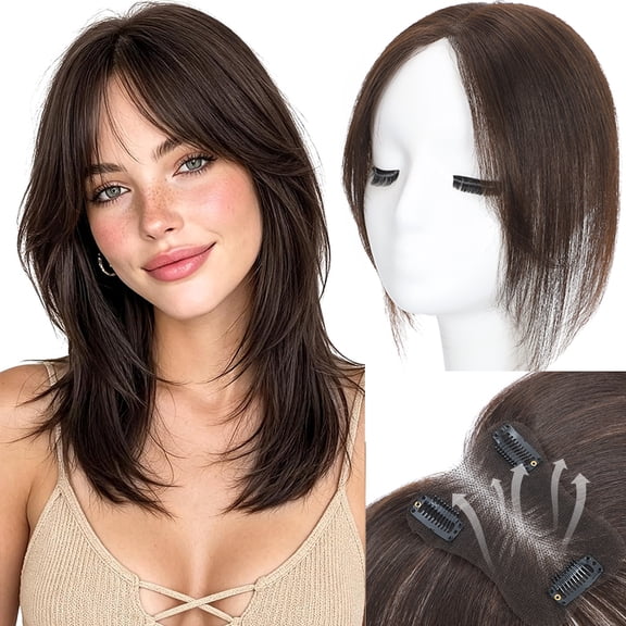 Human Hair Clip In Topper 10in Side Bang Hairpiece for Women Thinning Hair Brown