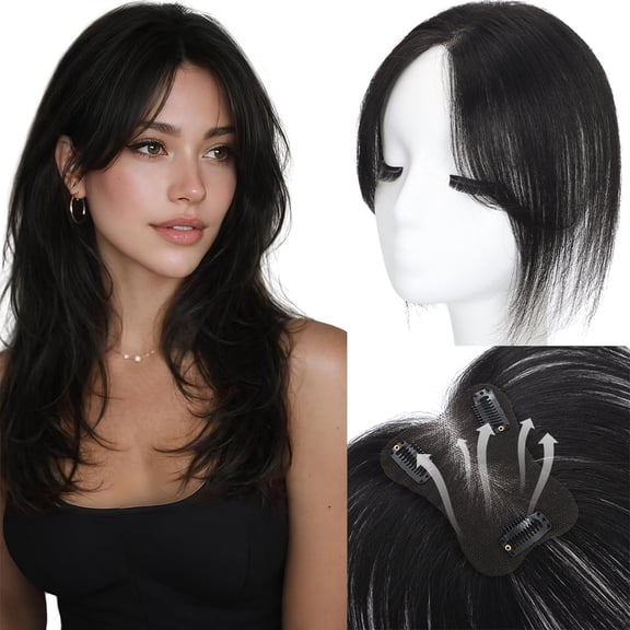 Human Hair Clip In Topper 10in Side Bang Hairpiece for Women Thinning Hair Natural Black