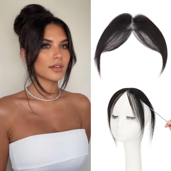 Human Hair Clip-On Bangs with Temples Natural Black Wispy Style for Daily Wear