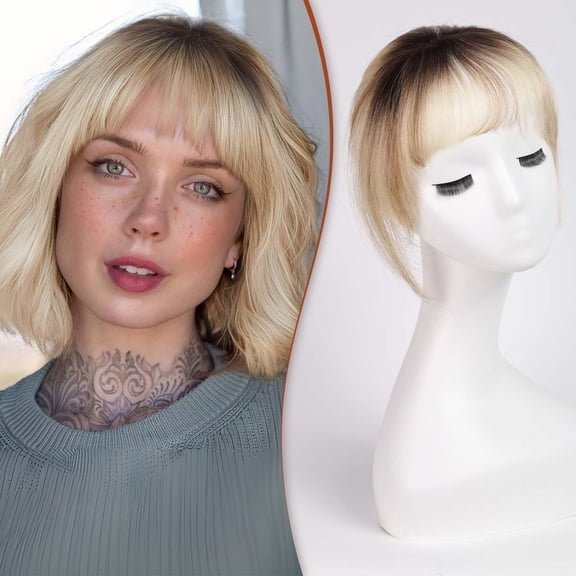 Human Hair Clip in Bangs Ombre Light Blonde 3 Secure Clips Full Fringe Air Bangs Hair Extensions for Women