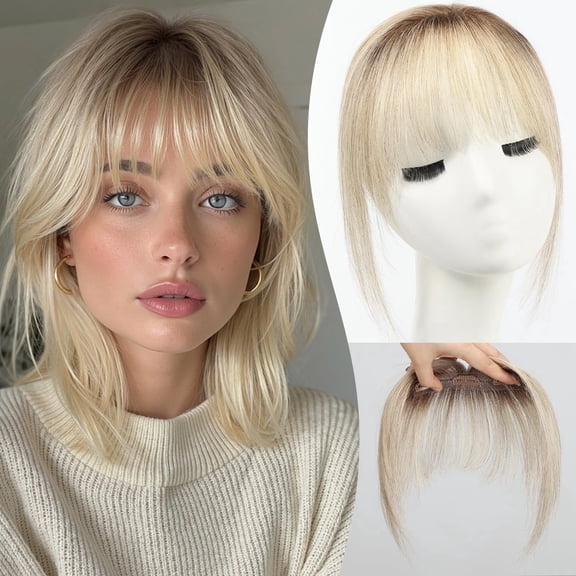 Human Hair Clip in Bangs for Women, Ombre Light Blonde Full Fringe Air Bangs with 3 Secure Clips, Heat-Friendly Hair Extensions