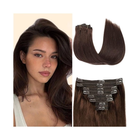 Human Hair Clip in Hair Extensions, #4 Brown Color 8Pcs 120g Straight Hair Clip in Hair Extensions Double Weft  Real Remy Human Hair Clip Ins