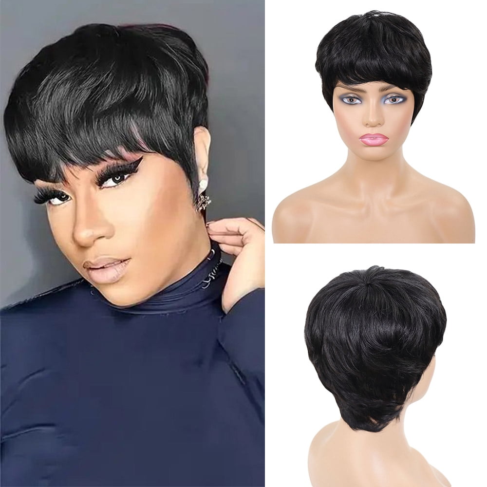 Human Hair Pixie Cut Wigs for Black Women Short Layered Straight Pixie Cut Wigs With Bangs Remy Hair Natural Black Color No Glue Wig